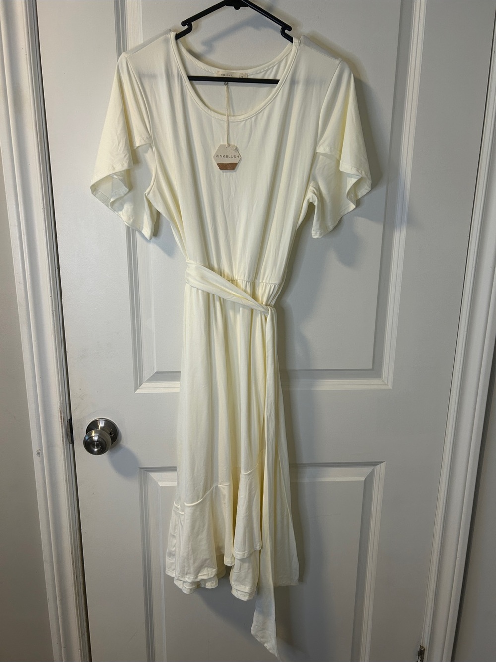 Pinkblush Cream Flutter-Sleeve Tie-Waist Maxi Dress